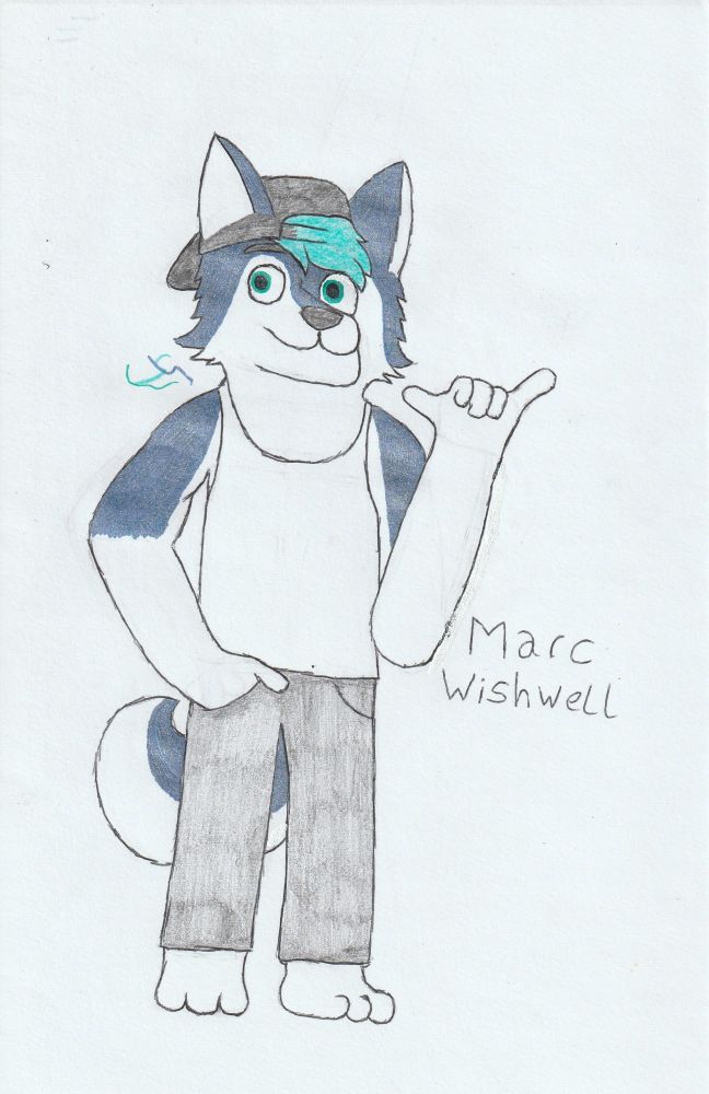 Marc Wishwell, a husky. His real name is Juan Marco Bustamante, and originates from Mexico. Professional improvisator and freestyle rap singer. His regular attire consists in a white tank top, grey jeans and a black baseball cap, usually worm backwards (because it looks cool).
In this render Marc is saludating with a hand in his pocket.