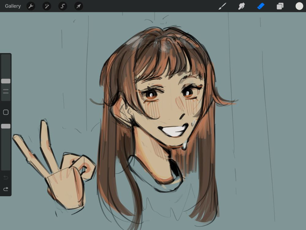 drawing of a girl in the rain with brown highlighted hair and her bangds are cut straight just about her eyes in a with flowy layered long hair