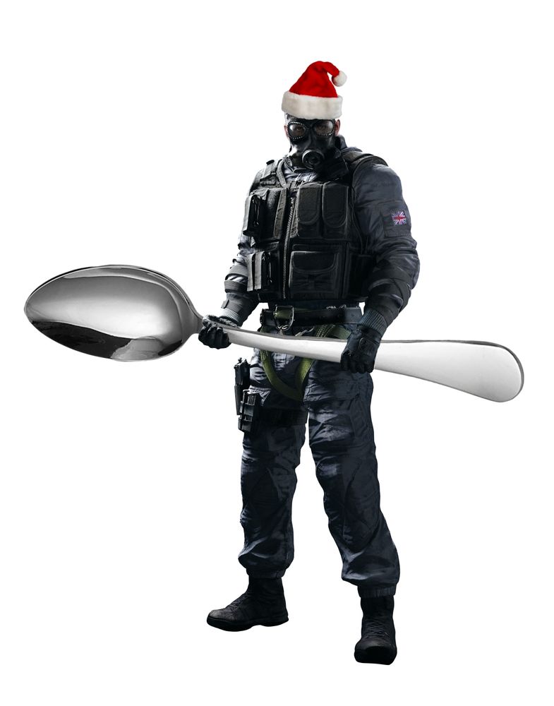 A picture of Sledge Rainbow Six: Siege wielding a comically large spoon, with a Santa had on his bald shiny dome of a head.