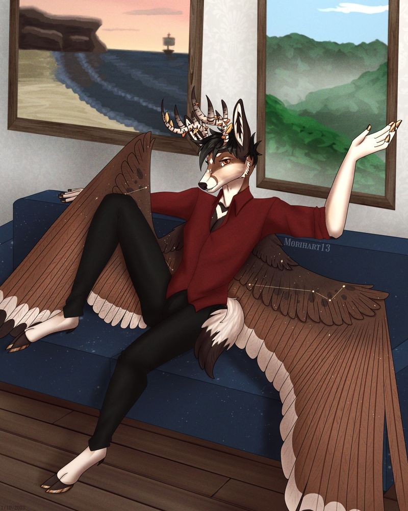 Regulus the Peryton sitting on a couch with wings spread relaxed