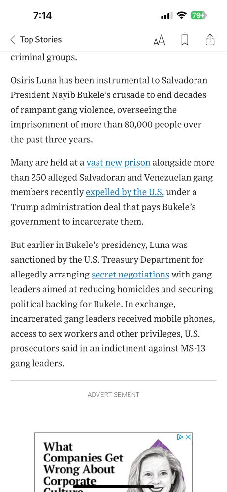 The head of the prison in Salvador we are sending people to is in cahoots with the MS-13 leaders. He has provided them with prostitutes and cell phones in exchange for their killing people in a less public, less politically damaging manner.