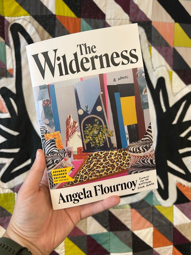 A hand holds a copy of Angela Flournouy’s new novel The Wilderness. 