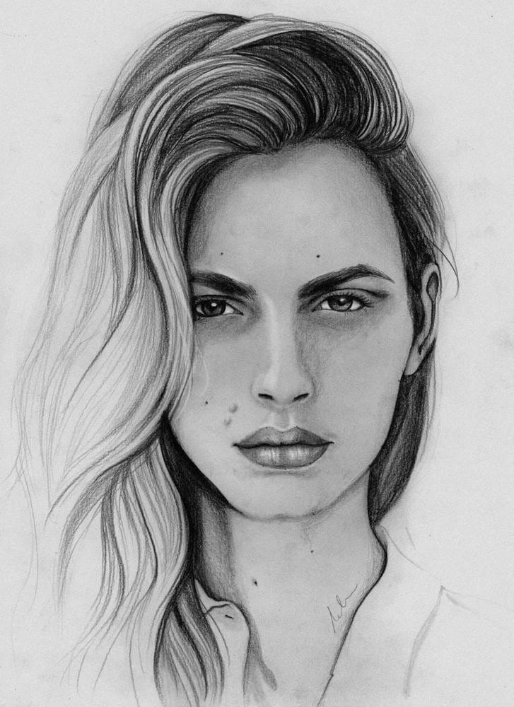 Pencil portrait of serbian model Andreja Pejíc. She has long blond hair swooped to the side of her face and wears a white shirt with the collar unbuttoned. Her facial features are rendered in detail while the edges of the drawing get sketchier 