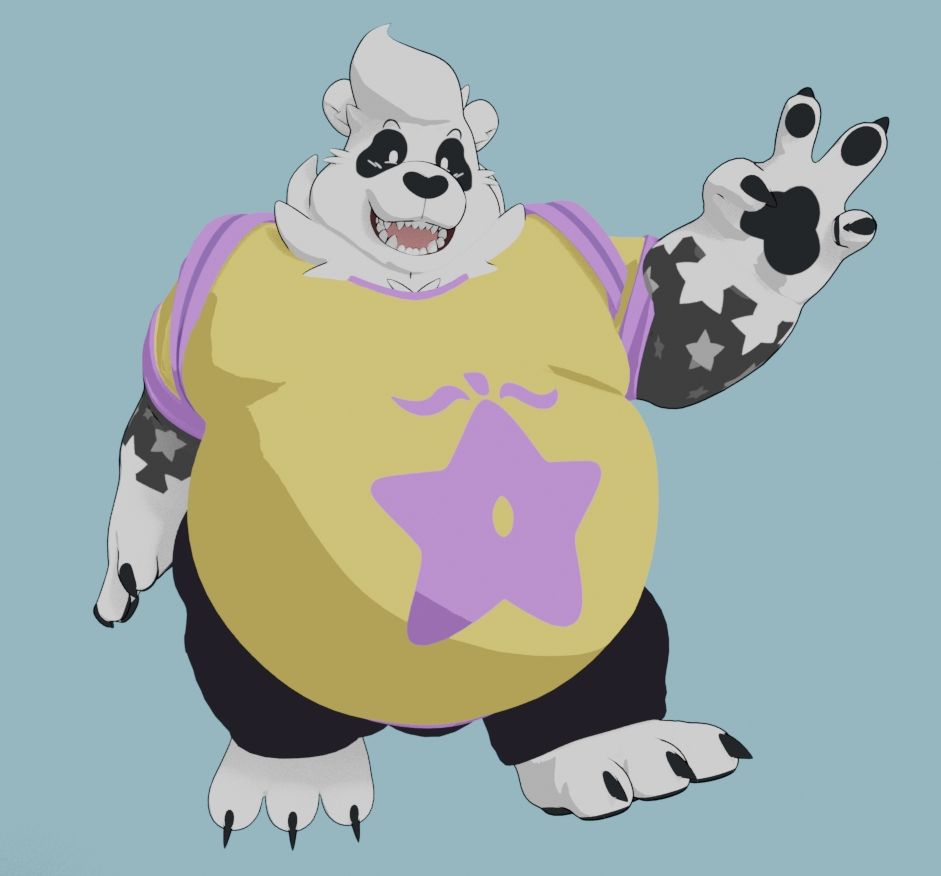 Pubs making a peace sign with a happy face wearing his signature outfit.