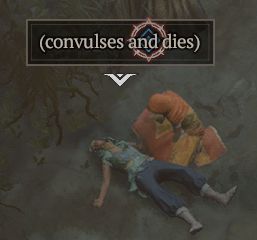 Screenshot from Diablo 4 of an NPC dead on the ground with the chat bubble that says "(convulses and dies)"