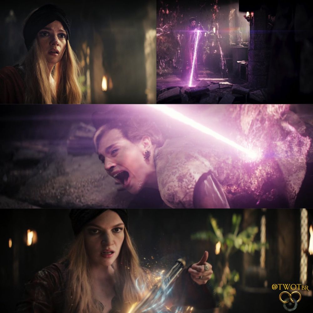 three panels of a scene from the wheel of time, showing Elayne using a rod to fire a purple beam of balefire at Jaine the darkfriend