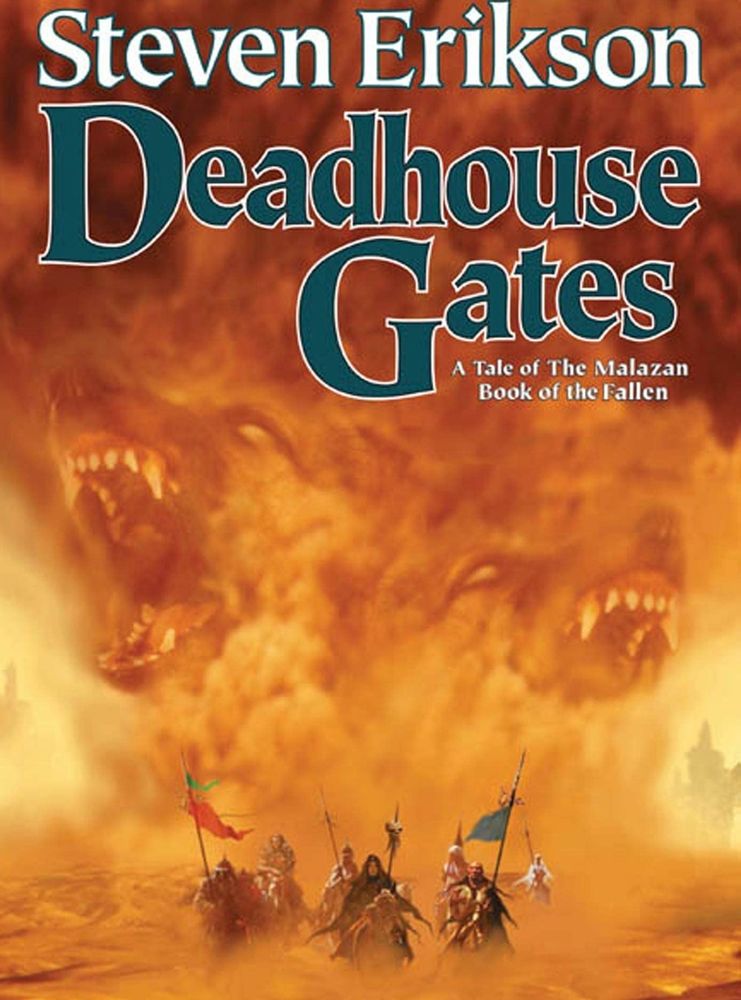 cover art of deadhouse gates by steven erikson showing a sandstorm billowing with shapes of snarling barking dogs in the background and a group of 7 horses and riders galloping with raised banners in the foreground