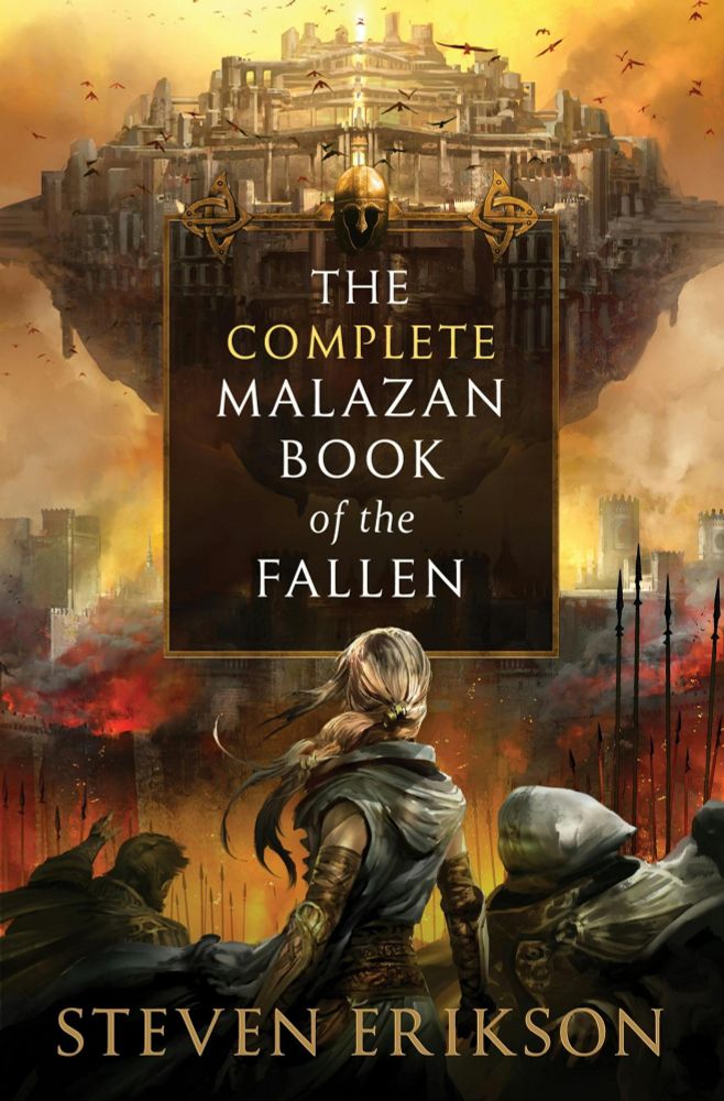 cover art for malazan book of the fallen, depicting a woman with flowing blond hair and wearing armor arm bracers looking at a city surrounded by flames and smoke. Two figures stand to her sides. Flying over the city is a large floating island with a city built on it. Crows wheal around it. 