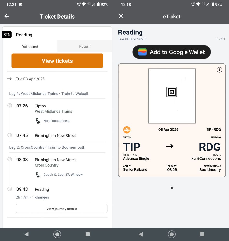 Two screenshots from the West Midlands Railway app on a mobile phone. The ticket details portion shows a departure at 07:26, which was correct, the ticket itself shows 08:26.