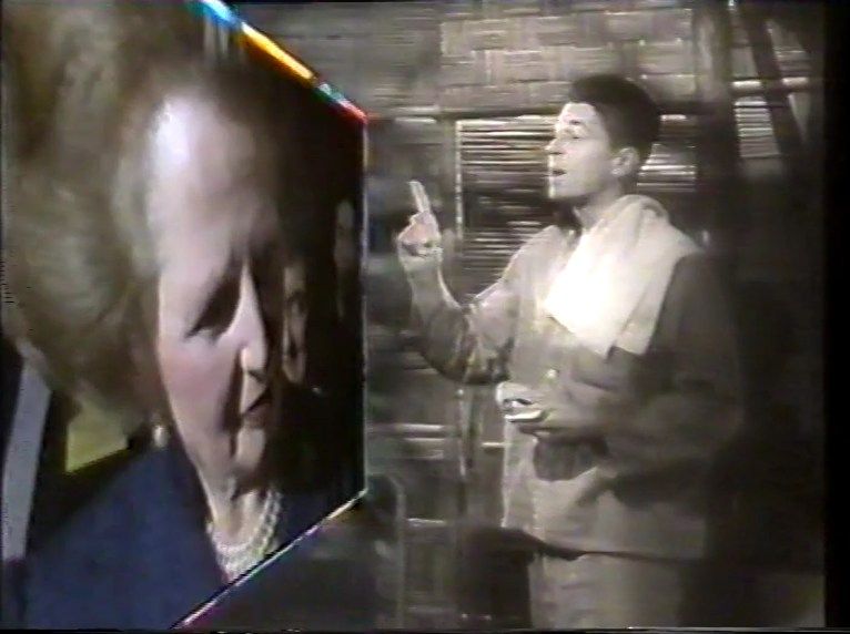 Ronald Reagan, apparently pointing at Margaret Thatcher, from the Saturday Live titles.
