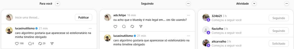 print da tela mostrando a rede social threads com seus feeds lado a lado abertos ao mesmo tempo