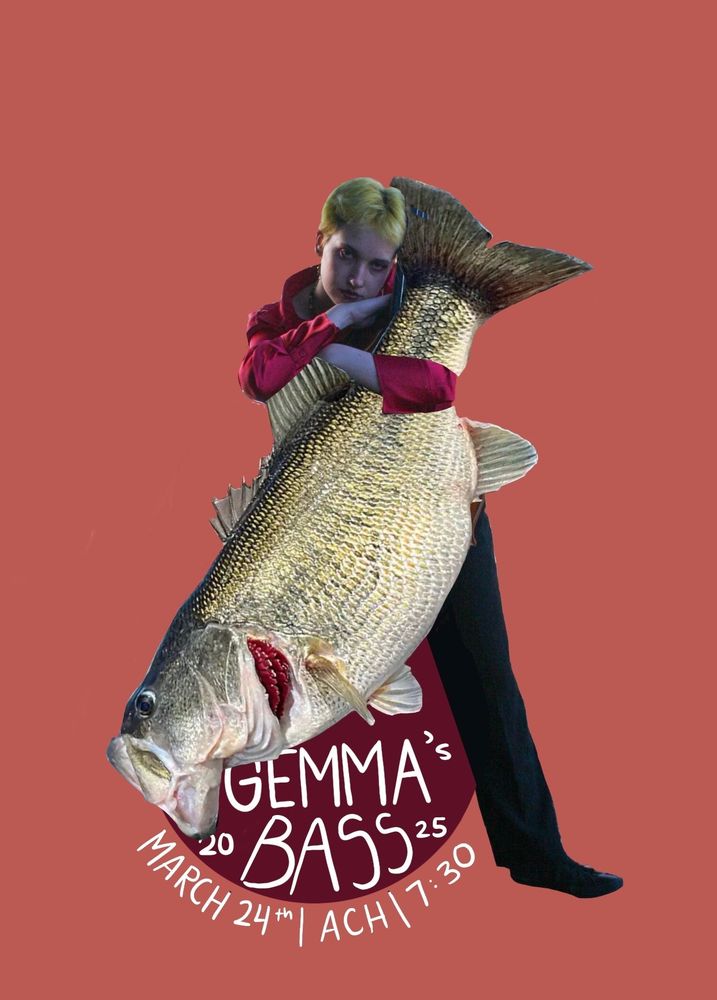 Person in red shirt leaning on a large bass fish. Text reads Gemma's bass 2025.