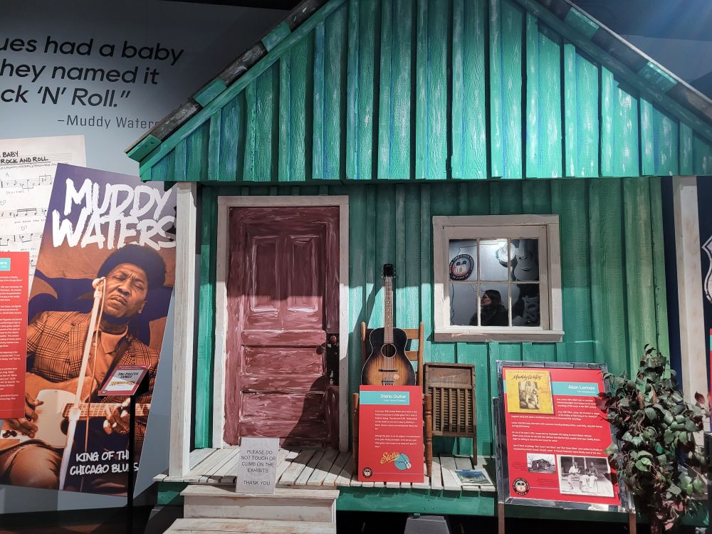 A replica shotgun shack as part of the Muddy Waters display at the Illinois Rock and Roll Museum.