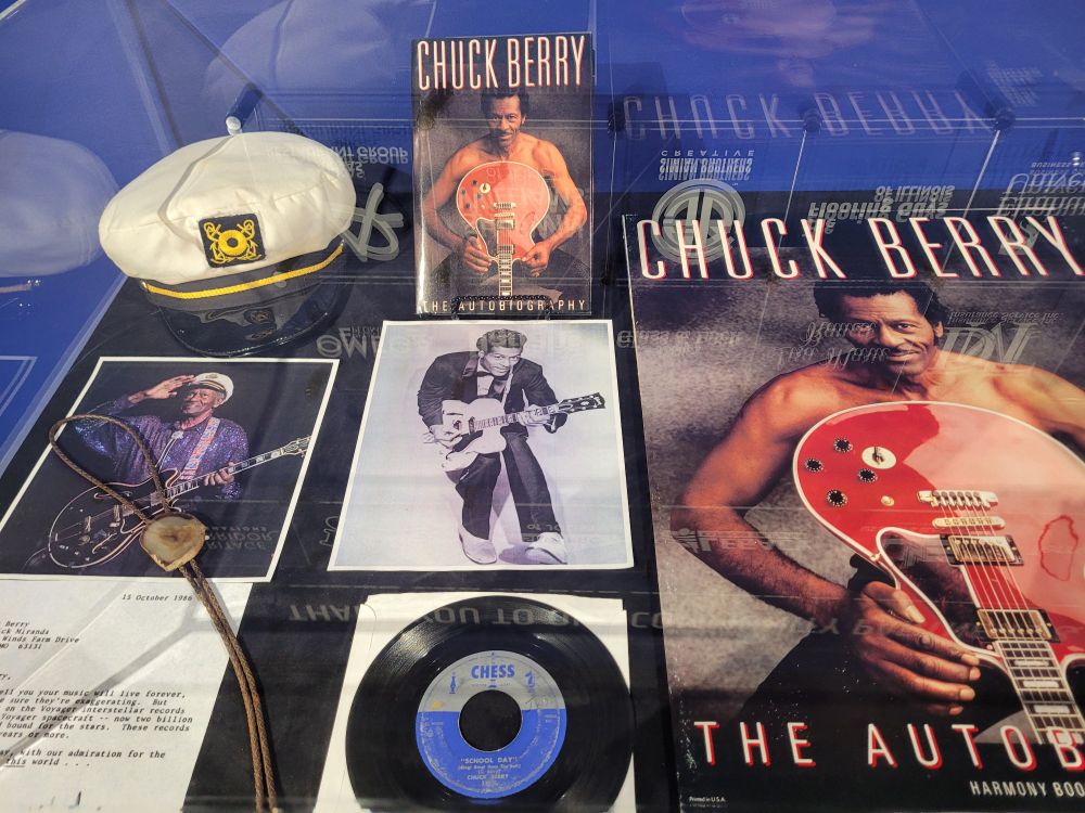 Chuck Berry items on display at the Illinois Rock and Roll Museum
