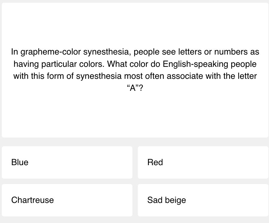 Screenshot of a quiz question, "In grapheme-color synesthesia, people see letters or numbers as having particular colors. What color do English-speaking people with this form of synesthesia most often associate with the letter “A”?" Answer options are blue, red, chartreuse, and sad beige.
