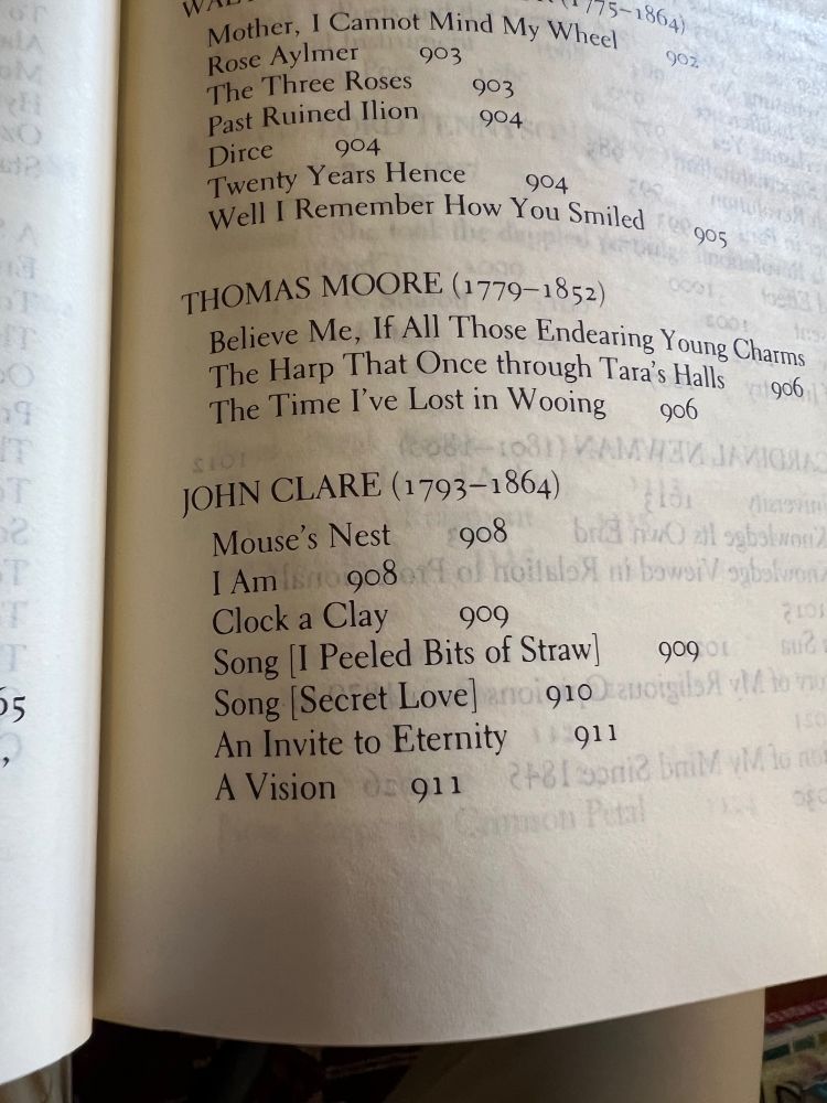 Photo of the Table of Contents from the 2-volume 1986 Norton Anthology, showing the selections for John Clare 