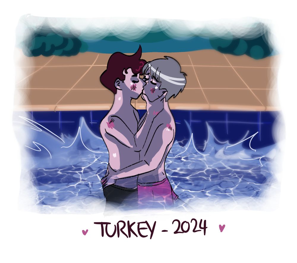 art of dnp kissing in a private swimming pool at night. dans hand is on phils cheek while phils hand is on dans hip. the text underneath says "<3 turkey 2024 <3"
