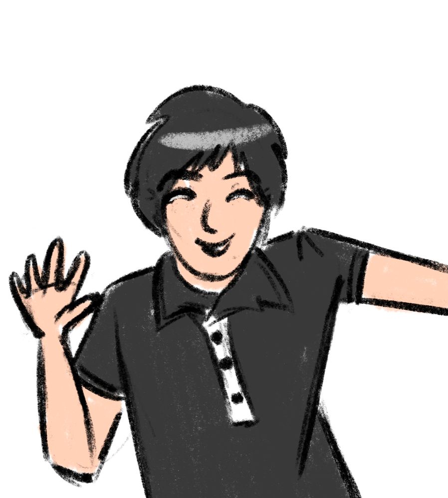 doodle of emo phil smiling & waving