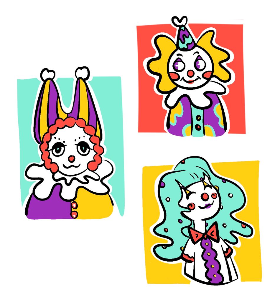art of a clown, a jester with a red nose, and a clown adjacent-girl. they are all smiling. color palate is vibrant.