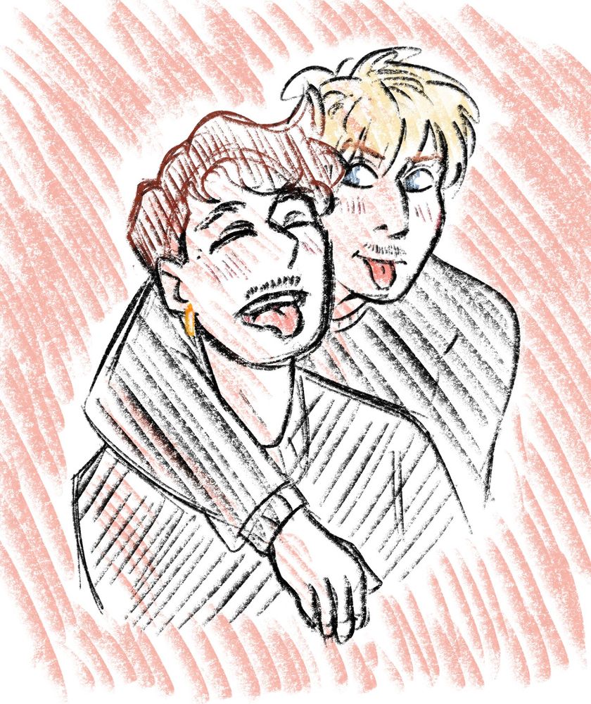 fanart of dan and phil, based on a real image. phil's arm is resting on dan, they're both posing for the camera, tongue out. they both have tiny little mustaches 💖🥹