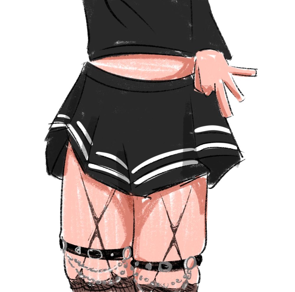 fanart of a moment during the banana bread baking video, where dan was deliberately & elegently revealing the garter under his tiny black skirt <3