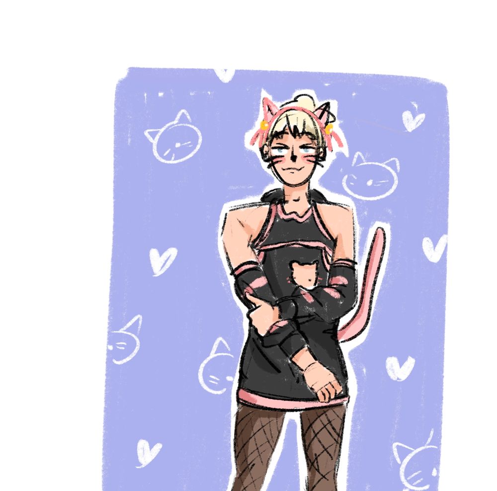 fanart of a phil in the black & pink cat themed outfit. its a sleeveless mini dress with a cat shaped boob window, which shows his freckly chest.

he has the catboy ears & the tail & some cat whiskers on too.