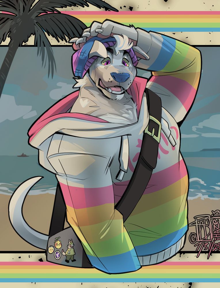 Cute dog boi chilling at the beach
wearing a hoodie and beanie <3 