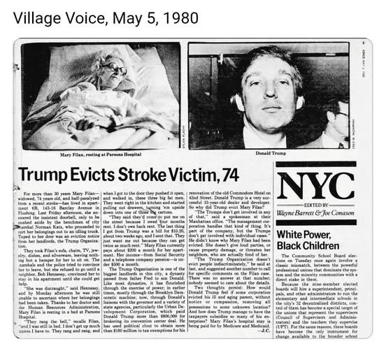 News article, May 5, 1980, Trump evicts stroke victim, 74