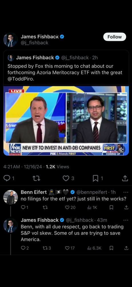 Twitter/X exchange between James Fishback and Benn Eifert regarding Fishback’s announcement of a new ETF. Benn inquired no filings for the ETF. Fishback responded “Some of us are trying to save America.”