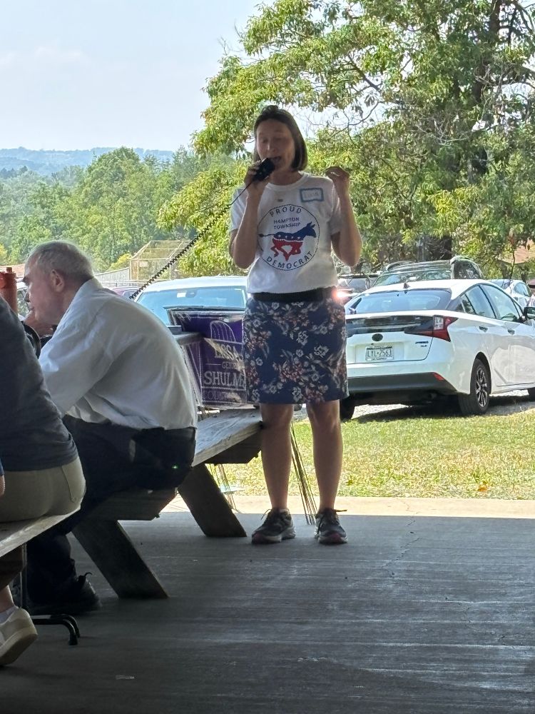 Lissa at a park pavilion speaking into a megaphone wearing a Hampton democrats tshirt and flowered skirt and sneakers. Cars and lawn signs visible behind her.