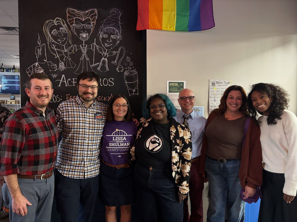Group of candidates and Shaler Democratic Committee chair standing with arms around each other at a restaurant/brewery with Halloween chalk drawings on the menu board visible behind them. Lissa is wearing a purple campaign tshirt, blue skirt, and brown belt.