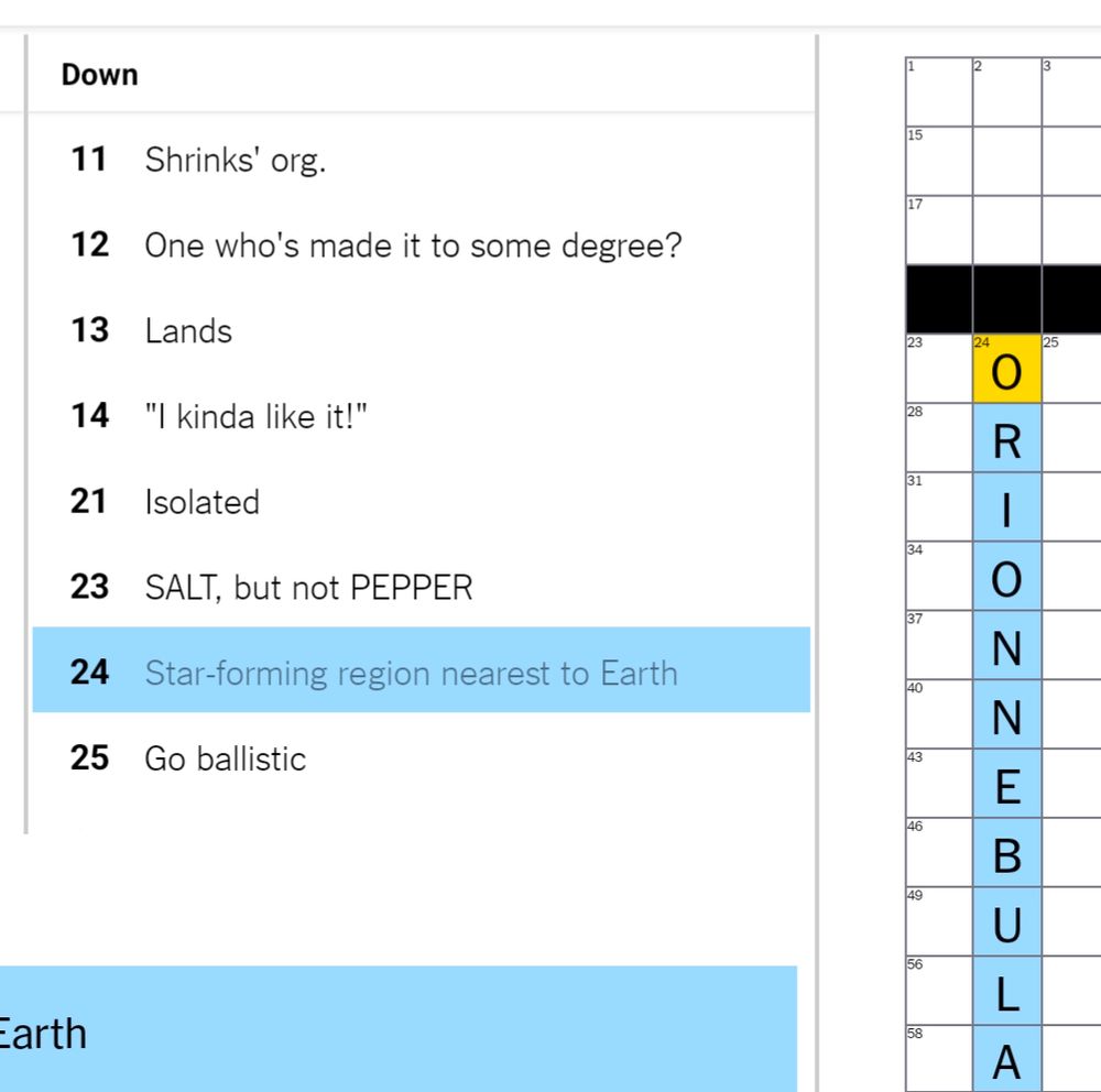 A snippet of the crossword showing the clue "star-forming region nearest to Earth" and the answer "Orion nebula."
