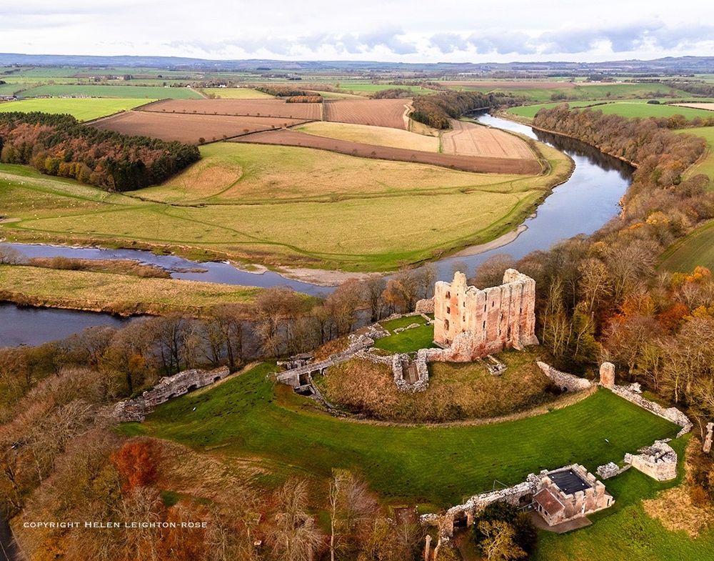 Norham Castle and the river Tweed on the AngloScottish border. Taken with a drone 