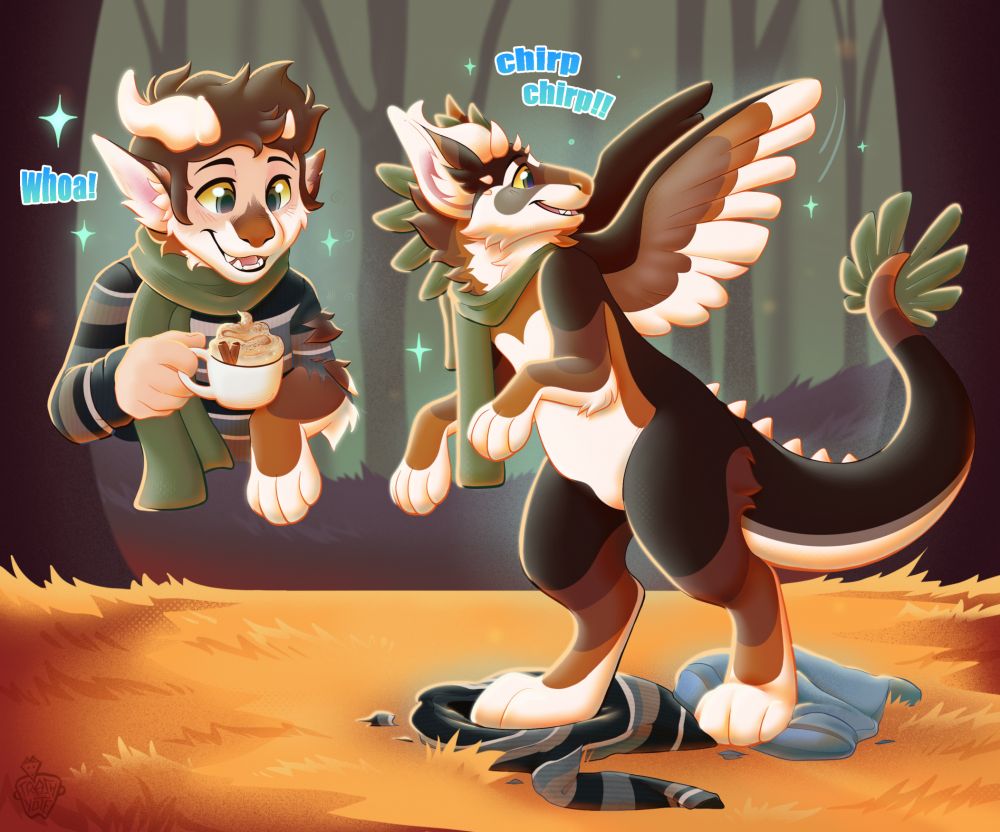 A human, shown in the top left corner, is half way through transforming into an angel dragon after drinking a magical coffee. On the right, they've completely transformed into a coffee colored angel dragon. SO LUCKYYY <333