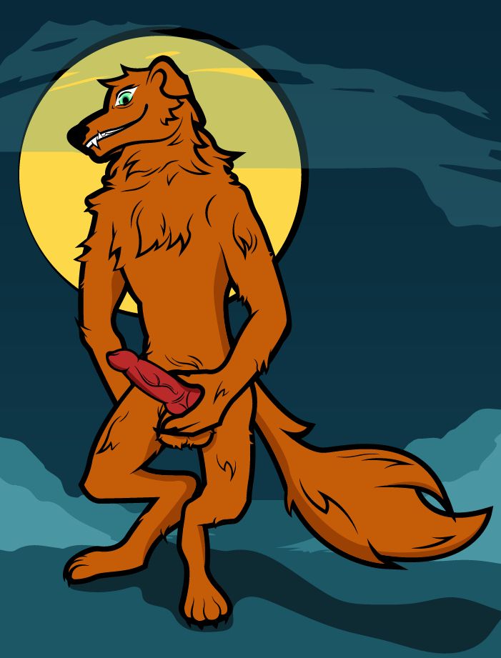 a nsfw image of an orange floppy eared werewolf holding his crotch in front of a full moon