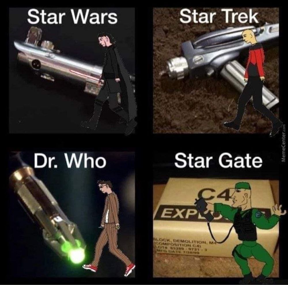 A variant of the "virgin walk vs chad stride" meme. "virgins" Star Wars, Star Trek, and Dr. Who, have the lightsaber, the phaser, and the sonic screwdriver respectively in the background. Each also has a "virgin" meme of one of their characters in the foreground. 
Star Gate is depicted with a "chad" version of a P90-wielding SG-01 unit member in the foreground, and the weapon depicted in the background is C4. The meme being that the former three have their magic space weapon that just works, but Star Gate protagonists win with conventional real world weapons. In short, "in star gate, there's nothing a p90 and some C4 won't solve." 