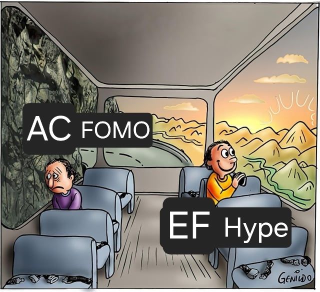 Two guys on a bus meme format
Sad guy is labeled "AC FOMO" AC being Anthrocon
Happy guy is labeled "EF Hype" EF being Eufuria 