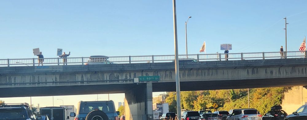 People standing on bridge, exercising their 1st amendment right, holding signs against our authoritarian government.