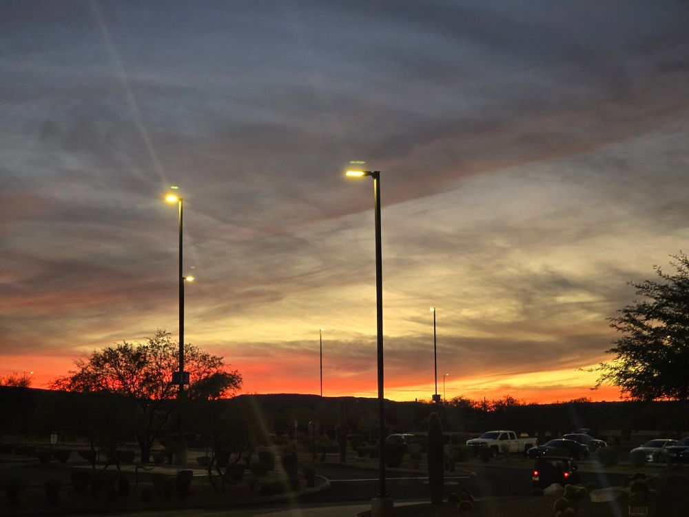 a blue-orange sunset with wispy clouds and lampposts 