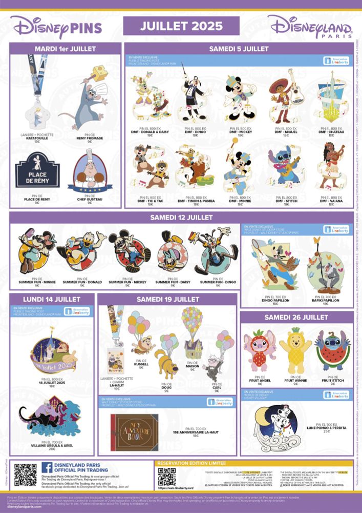 L’affiche de juillet 2025 de Pin Trading Disneyland Paris.
Il y a des pin’s là-haut, ratatouille et de la saison musicale.