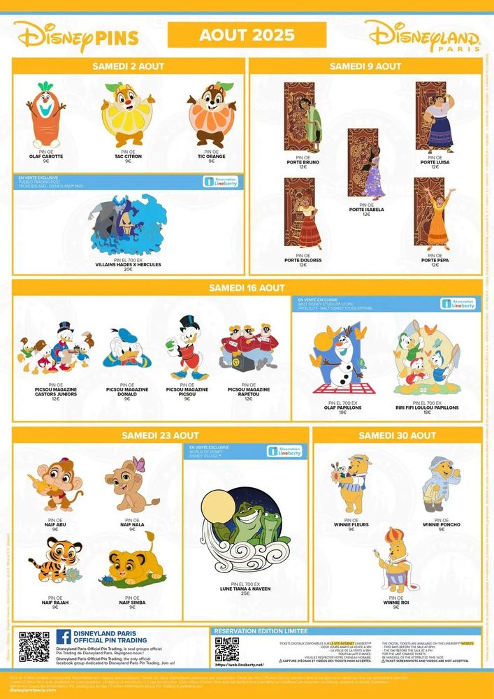 Affiche du Pin d’août à Disneyland Paris 
De nouveaux pins tous les samedis.