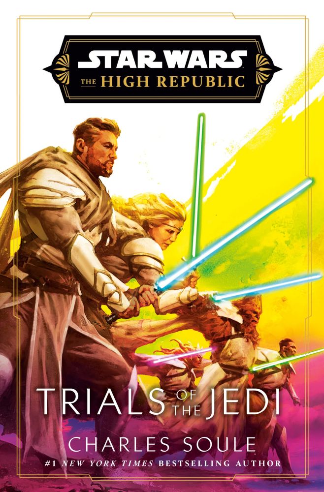 couverture du roman.
Fond dégradé en arc de cercle blanc jaune rose violet
5 Jedi en tenus de combat, sabre laser allumé à la main, le plus proche à gauche, le plus éloigné à droite, comme s'ils chargeaient.
Cartouche Star Wars The High Repuclib en noir en haut
Trials of the Jedi
Charles Soule
En bas en blanc