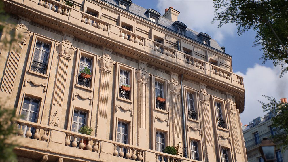 A picture of my personal project in Unreal Engine 5, depicting the typical Haussmannian Architecture you can see in Paris. The camera, softly framed by tree branches in the foreground, looks up at a 5-story Haussman-style building illuminated by the sunlight. 