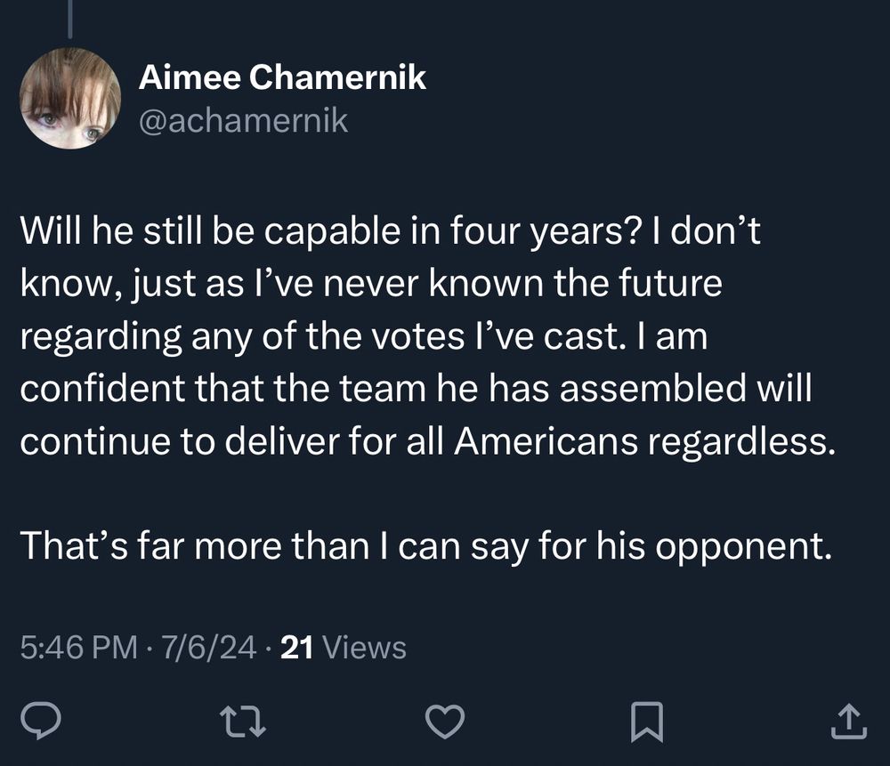 Final tweet of the thread:

“Will he still be capable in four years? I don’t know, just as I’ve never known the future regarding any of the votes I’ve cast. I am confident that the team he has assembled will continue to deliver for all Americans regardless. 

“That’s far more than I can say for his opponent.”