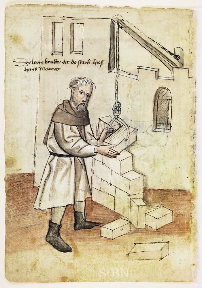 drawing of a stonemason hoisting stone with scissor-dogs, circa 1425