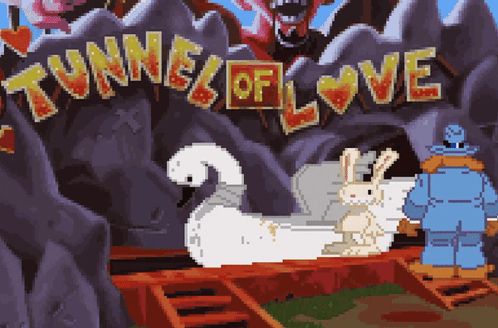 a video game called tunnel of love with a swan and a rabbit