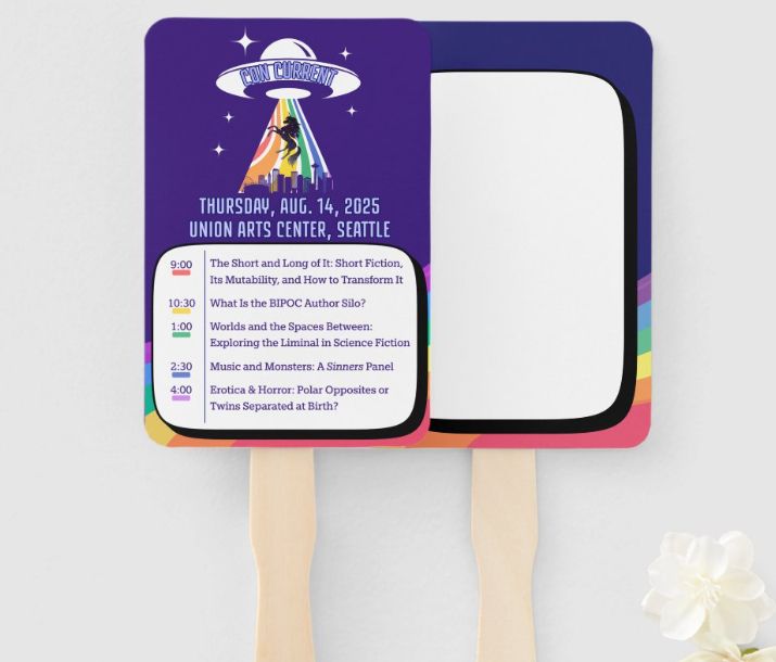 A design mockup of a rectangular hand fan with the Concurrent logo and schedule on one side and a blank white space on a royal blue background on the other.