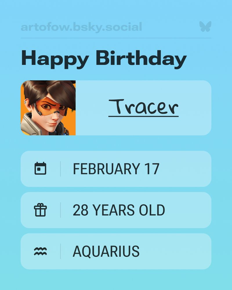 Happy birthday, Tracer!

Day of birth — February seventeenth.
Age — Twenty-eight years old.
Zodiac sign — Aquarius.