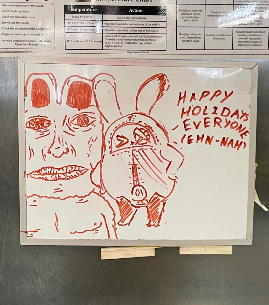 Nicole’s bangboo from zzz wishing you happy  holidays while a creepy bunny man is next to it