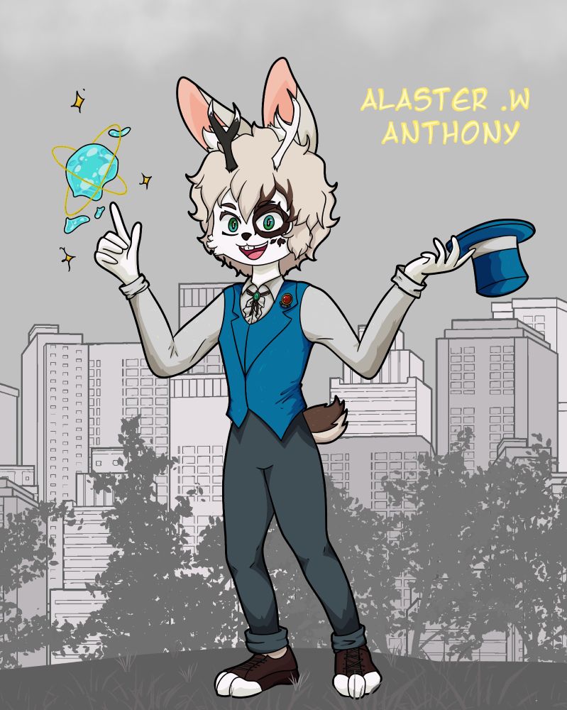 An anthro bunny with white fur and brown spot on his left eye